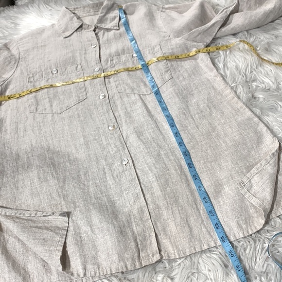 LINEN Button front top blouse chest pockets w buttons neutral color women’s sz L - Picture 9 of 11